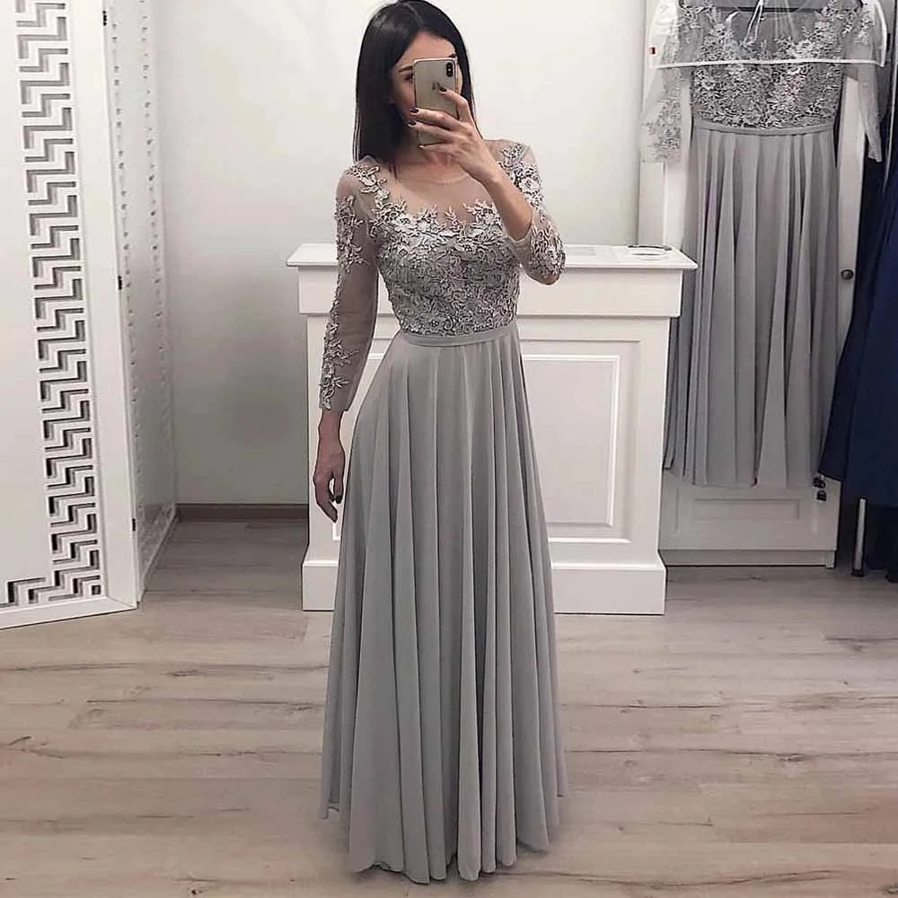 

Full Sleeves Chiffon Evening Dresses Long 2021 Elegant O-Neck Prom Gown Appliques A-Line Sisters Bridesmaid Dress Plus Size