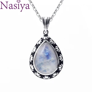 S925 Стерлинговое серебро кулон ожерелье большой груши в форме 10x14 натуральный лунный камень ретро ожерелье для помолвки