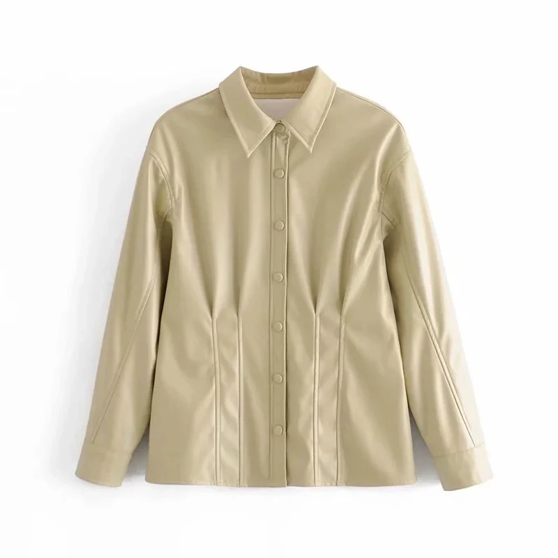 

XNWMNZ Za women faux leather shirt Tailored shirt with a regular collar and long sleeves Darted detail Snap-button