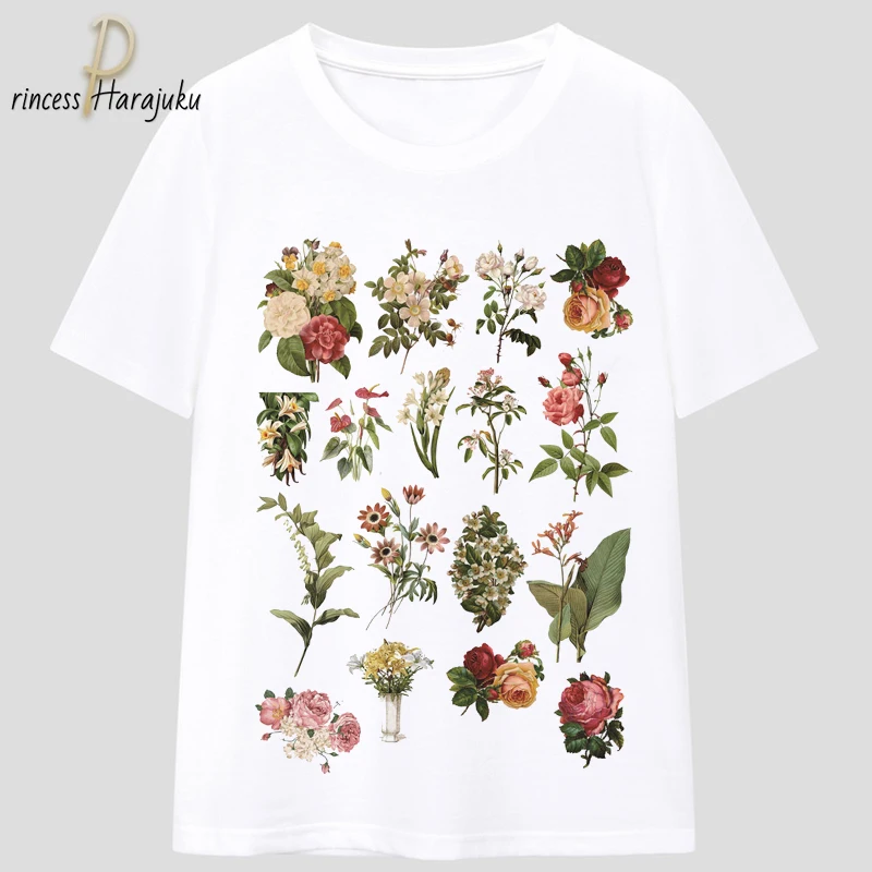 

New Summer White Harajuku Aesthetics Tshirt Patchwork Wildflowers Print Short Sleeve Tops & Tees Fashion Casual Flowers T Shirt