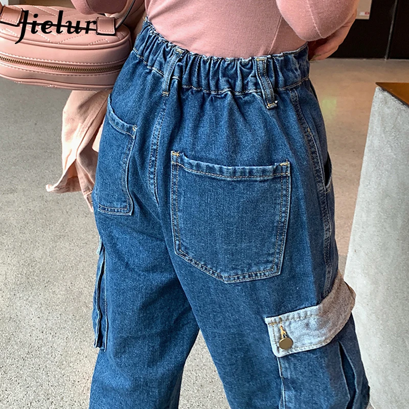 

Jielur Woman Jeans Autumn Pocket Loose Chic Jean Pants Women Chic Slim Blue Elastic Waist Vintage Denim Trousers Femme Jeans