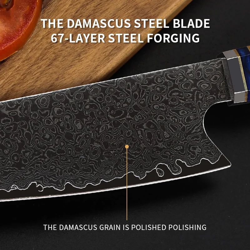 Нож шеф-повара из дамасской стали 67 слоев с ручкой стабилизированной древесины |