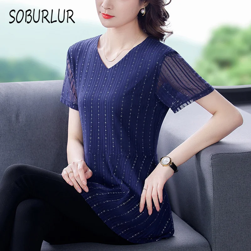 

SOBURLUR Lace Mid-length Dresses Net yarn Women's T-shirts Loose Casual Plussize Oversize Crop Top Woman Clothes Summer New Tees