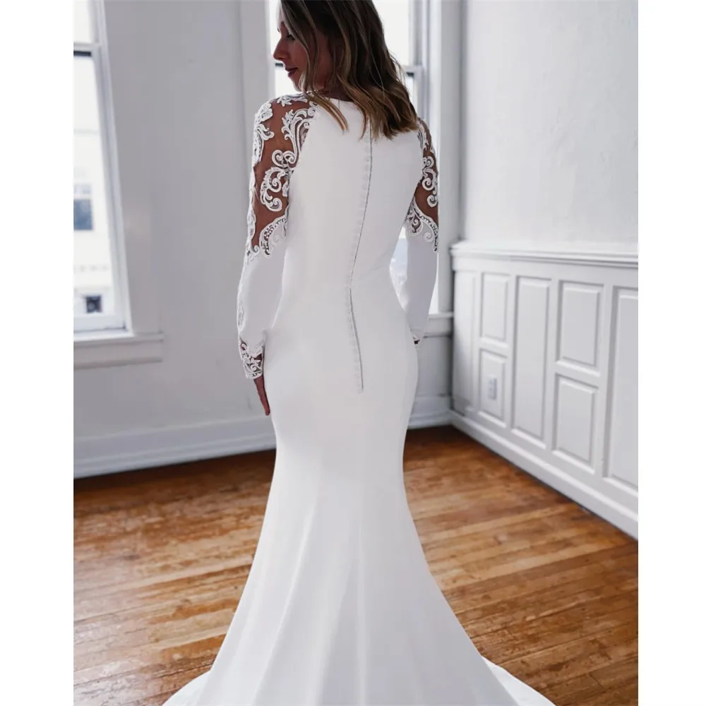 

HONGFUYU Satin Mermiad Wedding Dresses vestido casamento Long Lace Sleeve Bridal Gowns Covered Button robe de marie With Zipper