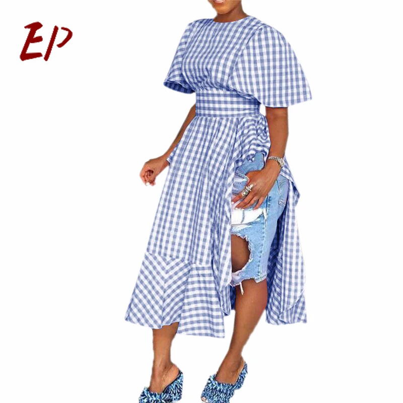 

EP Split Dress Plaid Short Sleeve Tunic High Waist Ruffles Large Size Long Dresses 2020 Summer Elegant New Clothing
