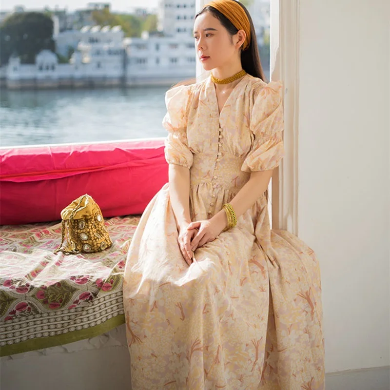 2020 Spring Autumn Women Vintage Floral Blue/Yellow Long Ladies Victorian Retro Court V-Neck Formal Casual Maxi Dress Robe | Женская