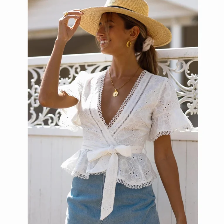 100% из хлопчатобумажной ткани в цветочек Кружевная блуза с вышивкой рубашка для