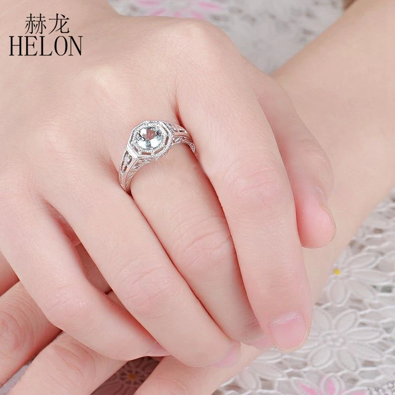 

HELON Solid 10K Solid White Gold 6mm Round Cut Genuine Aquamarine Engagement Ring Women Vintage Fine Jewelry Genstone Ring