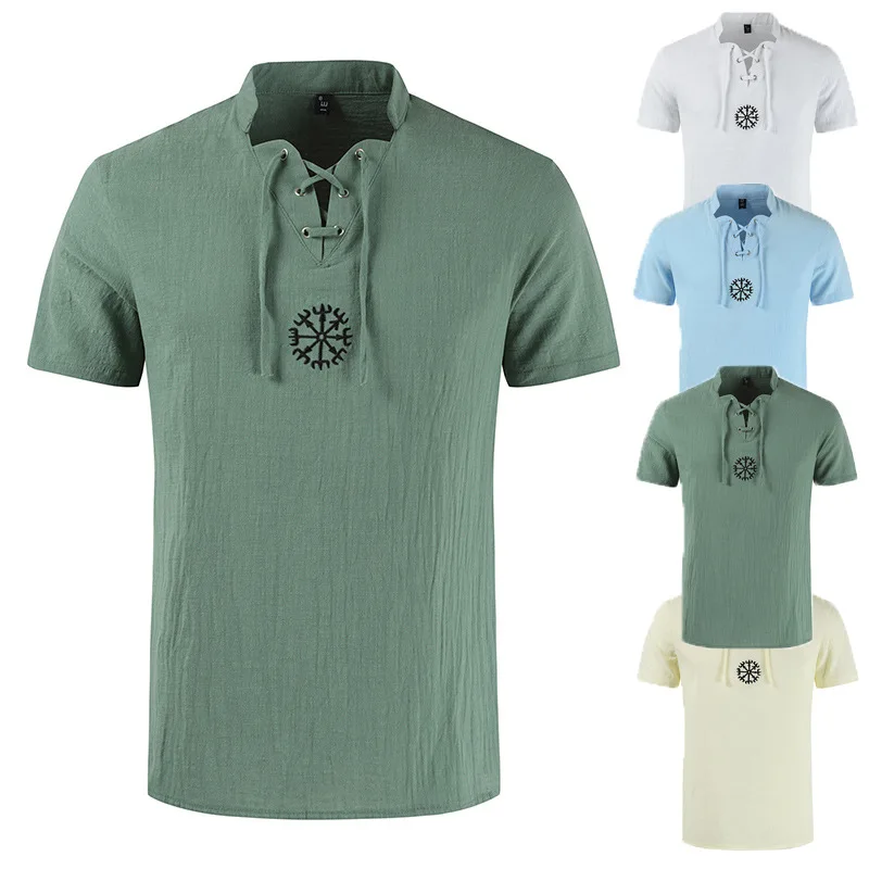 

2021 New Fashion Summer Short Sleeve Shirts Lace Tassels Mens Elastic Hemp Cotton Shirts Leisure Sport Clothing