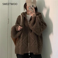 women autumn winter oversize knitted cardigan casual 2021 hooded twist sweater zipper long sleeve crochet outerwear