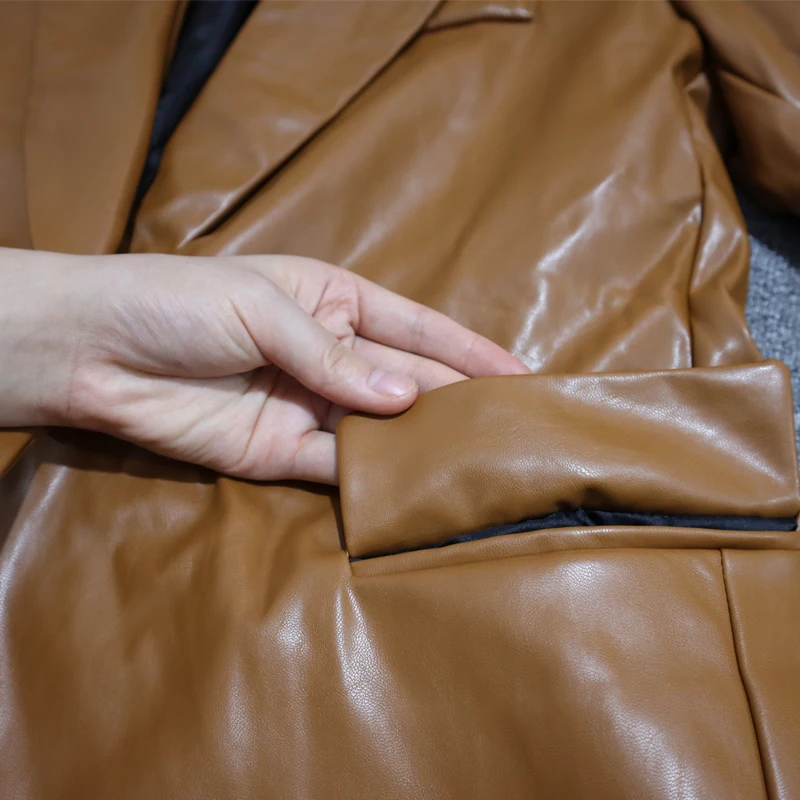 Женский винтажный костюм из искусственной кожи элегантный пиджак и брюки на