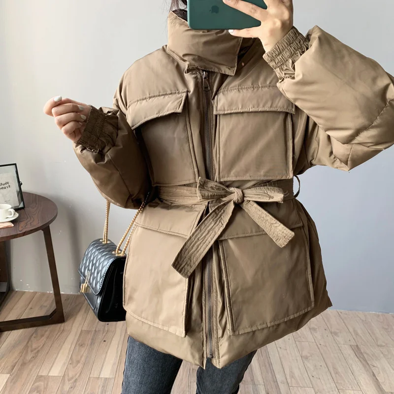 

Womens Winter Cotton Loose Thicker Warm Jacket Coat Sashes High Quality Female Big Pockets Outerwear Snow Wear