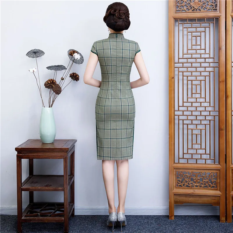 Летнее клетчатое платье с коротким рукавом, сексуальное, тонкое, Qipao, миди платья для женщин, Vestidos, Cheongsams, винтажное традиционное китайское платье, M-4XL