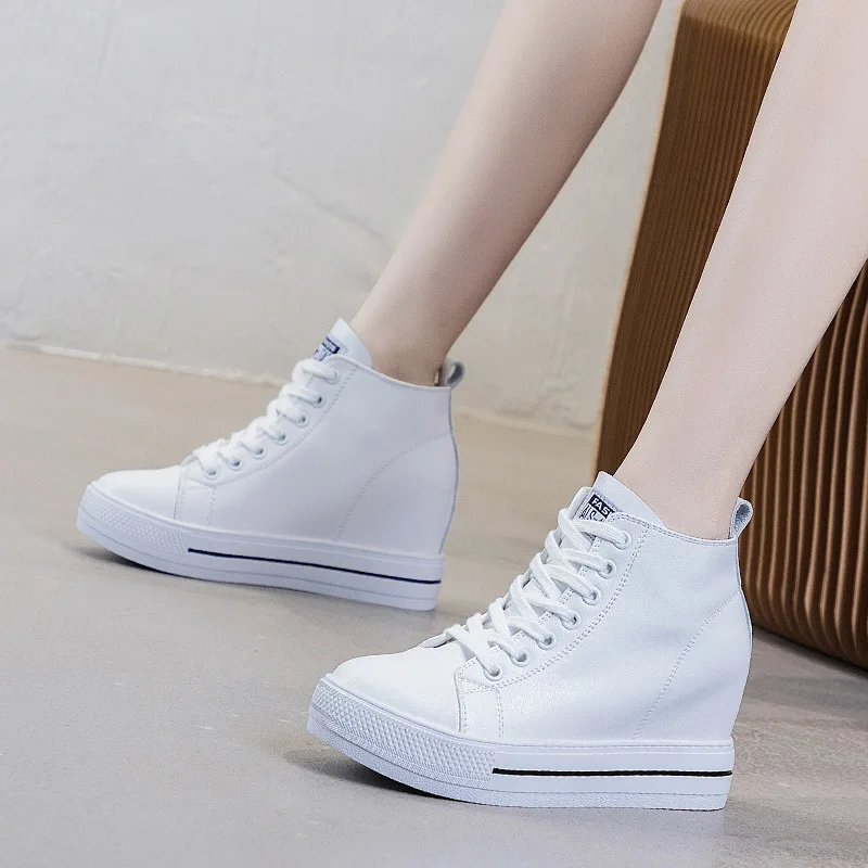 High Top Wedge Sneakers Real Leather Casual Shoes Lace Up Heels Casuales Black White Sneakers High Fashion Sport Shoes Pumps