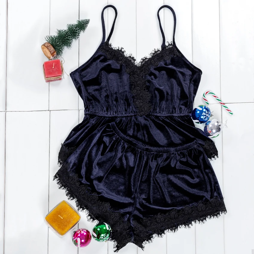 Женский бархатный пижамный комплект Suphis темно-синяя Пижама без рукавов с