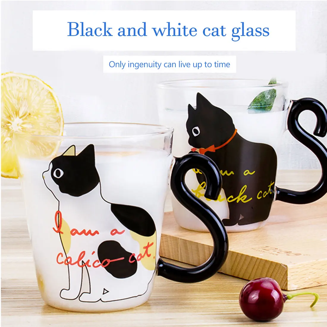 

300ML Cute Cat Glass Juice Coffee Cup Milk Tea Coffee Glass Mug Cat Tail Handle Cat Valentine's Day Lover Gifts Stainless Spoon