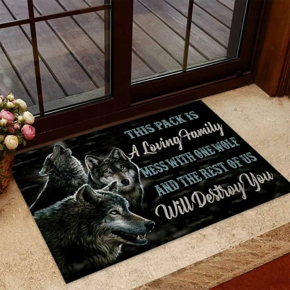 

CLOOCL This Pack Is A Loving Family Doormat Decor 3D Print Wolf Absorbent Doormat Non-Slip Soft Flannel Carpet Hallway Bedroom