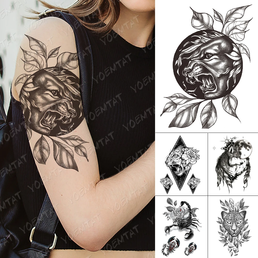 

Waterproof Temporary Tattoo Sticker Sketch Lion Moon Leopard Wolf Flash Tattoos Scorpion Rose Body Art Arm Fake Tatoo Women Men