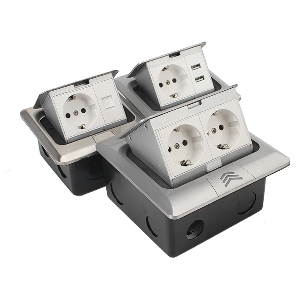 

Europe Standard Socket Waterproof Pop-Up Floor Socket USB RJ45 Internet Outlet Aluminum Alloy Box 250V 16A 2 Way Power Outlet