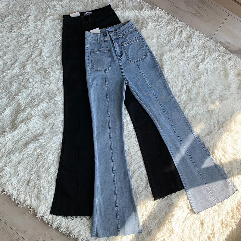 2019 Новая мода Женская одежда карман Высокая талия стрейч расклешенные джинсы