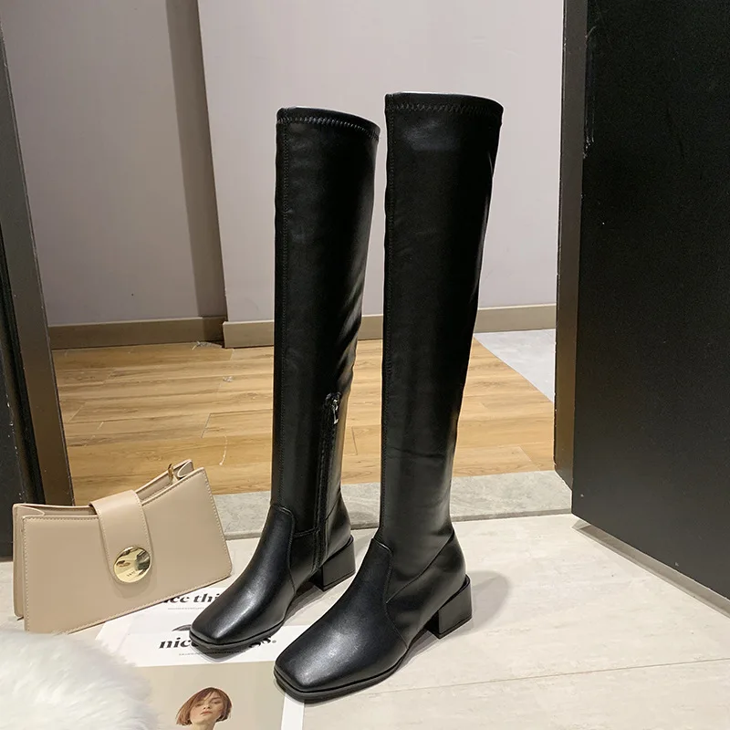

Slim boots women's square toe thick heel over the knee boots short style fashion Chelsea