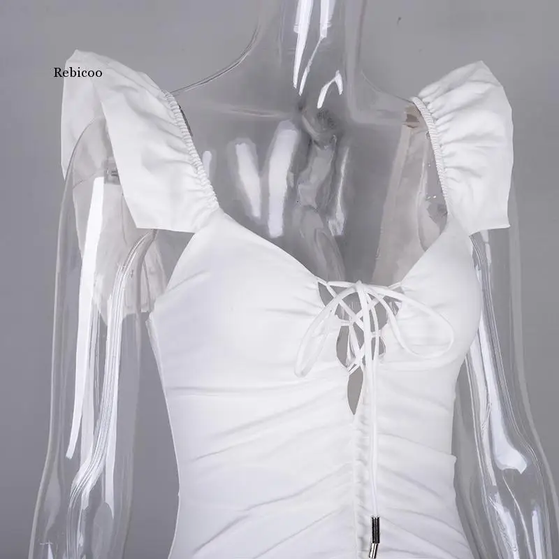 

Summer Women's Dresses Ladies Butterfly Sleeves Deep V Neck Tailoring Lace Ruffle Sexy Dress Mini Stretch Tight Dress