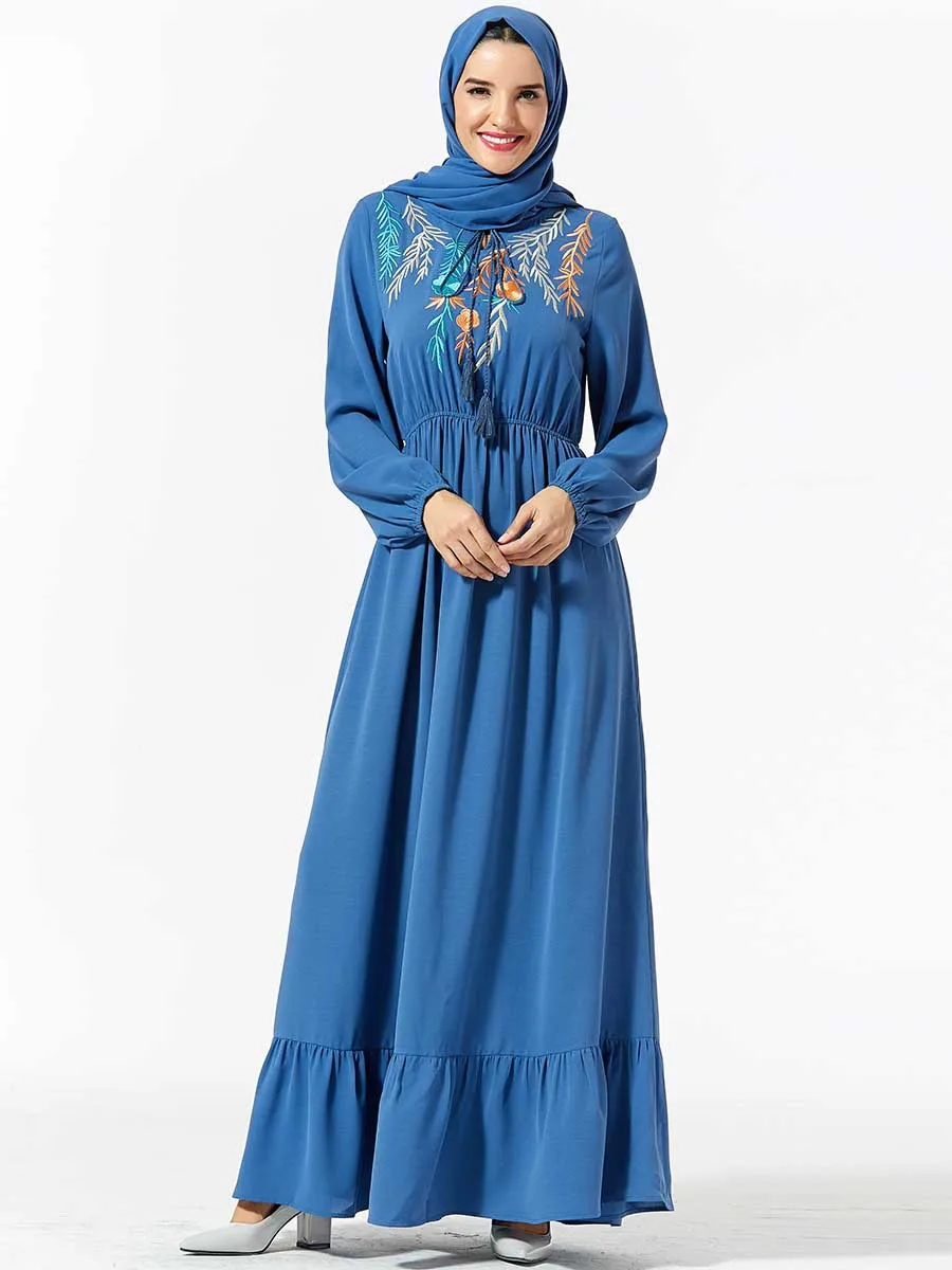 Абаи платье Для женщин мусульманская вышивка с эластичной резинкой на талии