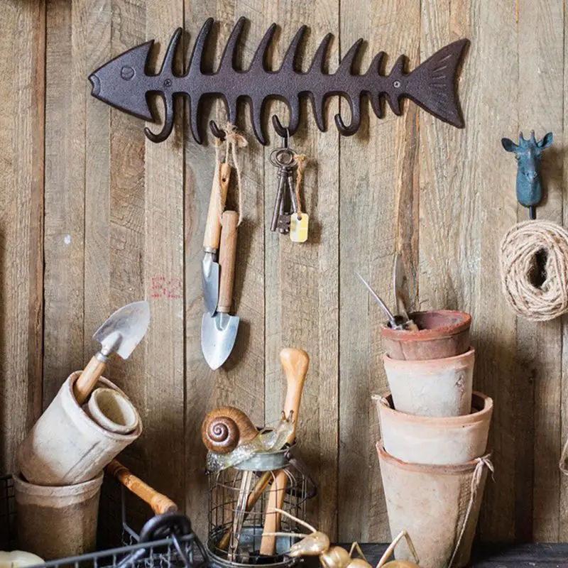 

Fish Decor Bones Wall Mount Coat Hooks Towel Rack Stylish Cast Iron Hanger Wtih 4 fish Hooksfish Bones Towel Hanger F2TB