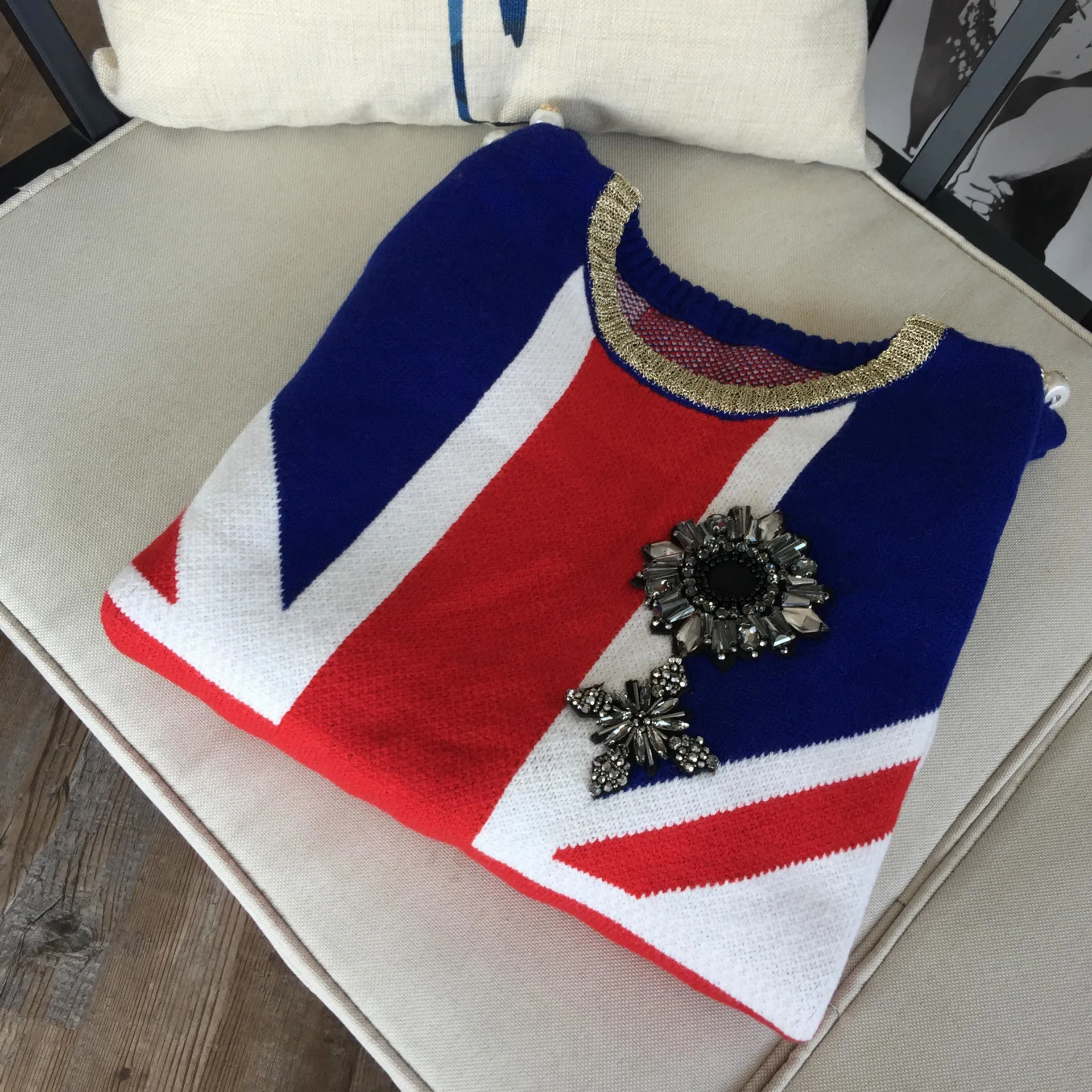 

Runway Fashion Knitted Sweater Women 2021 Autumn Winter Casual Beading Flag Vintage Long Sleeve Pullovers Tops Pull Femme Sueter