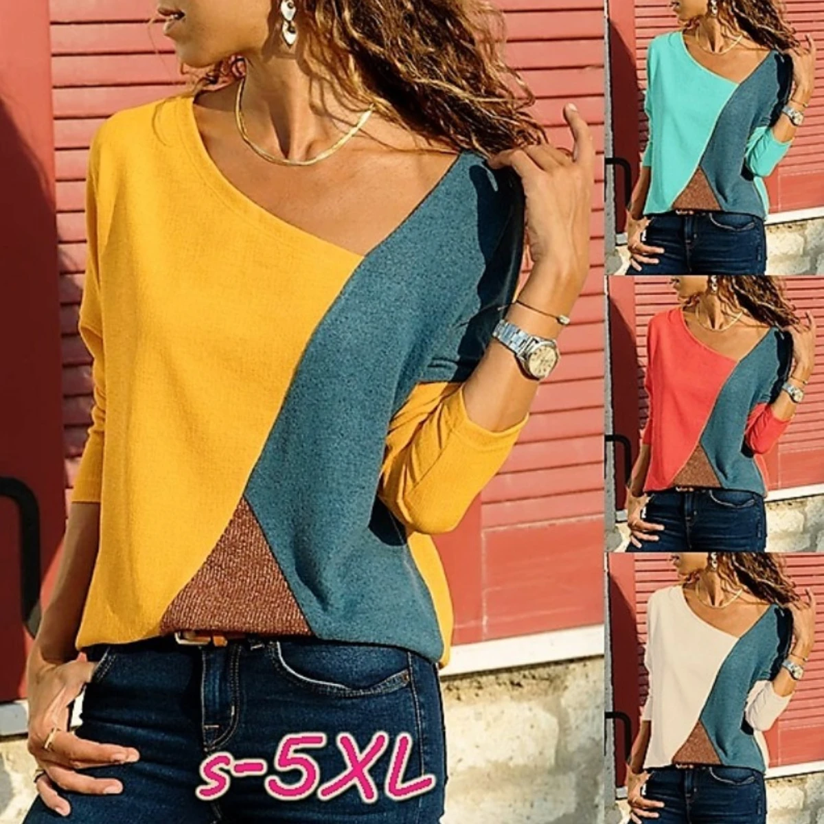 

Ladies Spring Cotton Vintage Tshirts Stitching Contrast Color Tops Patchwork Slim Irregular Hipster Women Clothes Long Shirts