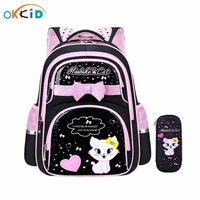 okkid cute school bags for girls korean style orthopedic backpack kawaii cat bowknot black pink bookbag kids school backpabock