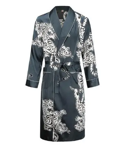 blue tiger robe Шелковая ночная рубашка мужская летняя тонкий купальный халат Тигр Ночная рубашка свободная Свадебная robesilky с длинным рукавом Sleeprobe размера плюс домашняя одежда - Цвет: blue tiger robe