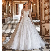 luxury ball gown wedding dress 2021 long sleeve deep v neck lace beading appliques bridal muslim bride gowns vestido de noiva