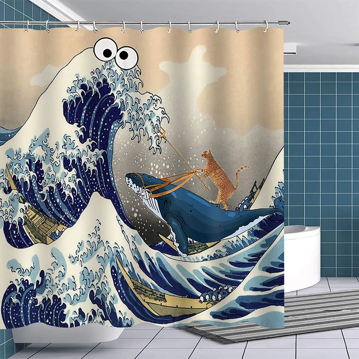 

Забавная Водонепроницаемая занавеска для душа с рисунками животных, кошка ездит на ките, украшение для ванной комнаты разных размеров с крю...