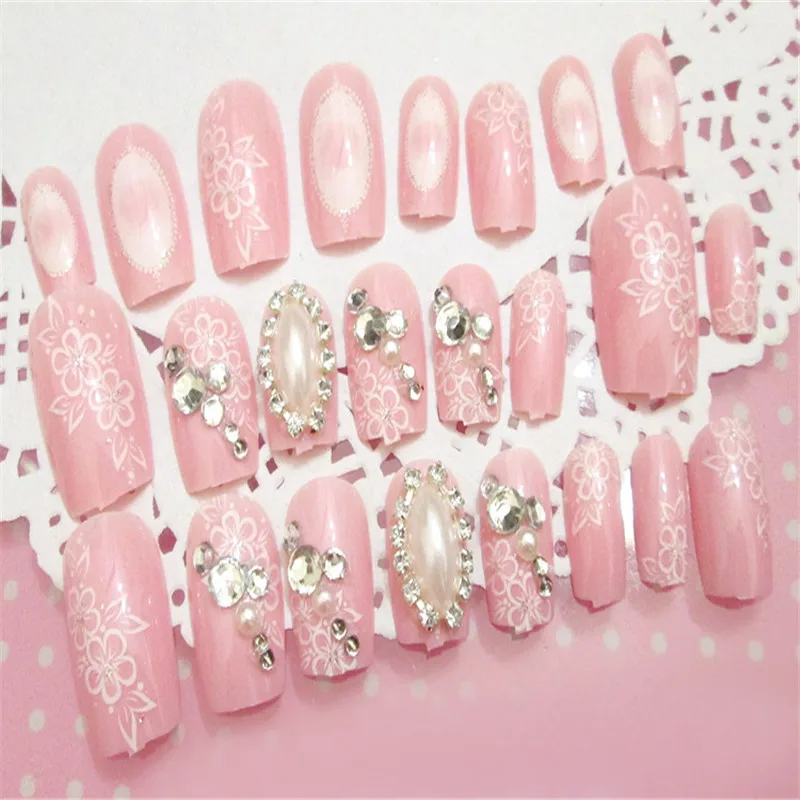 

High quality fashion new charm pearl rhinestone embellishment bride pink fake nail patch DIY nail design art decoration