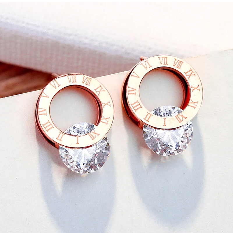 

High quality Titanium Steel Cubic Zircon Roman Numerals Earring Designer Luxury Jewelry Brincos Orecchini Earrings Women