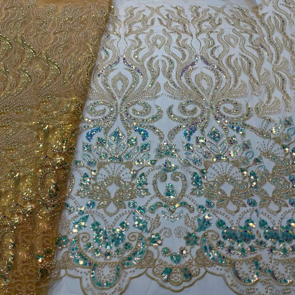

Luxury French Net Lace With Pearls Sequence Top Grade African Heavy Embroidery Sequins Beaded Lace Fabric 5 Yards