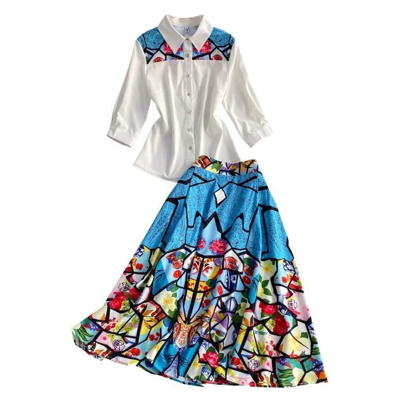 

new elegant temperament lapel 7 minutes of sleeve shirt color matching printing minus age two sets of tall waist skirts