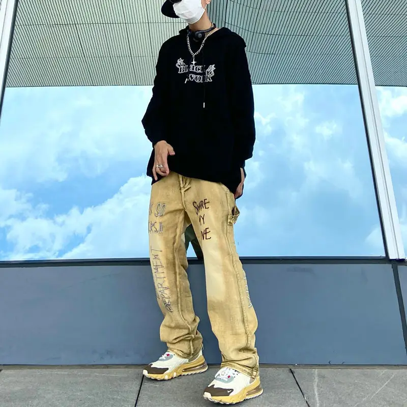 

New Hip Hop Wash Gradient Letter Embroidered Jeans Mens Fashion High Street Loose Straight Cargo Pants Wide Leg Korean Denim