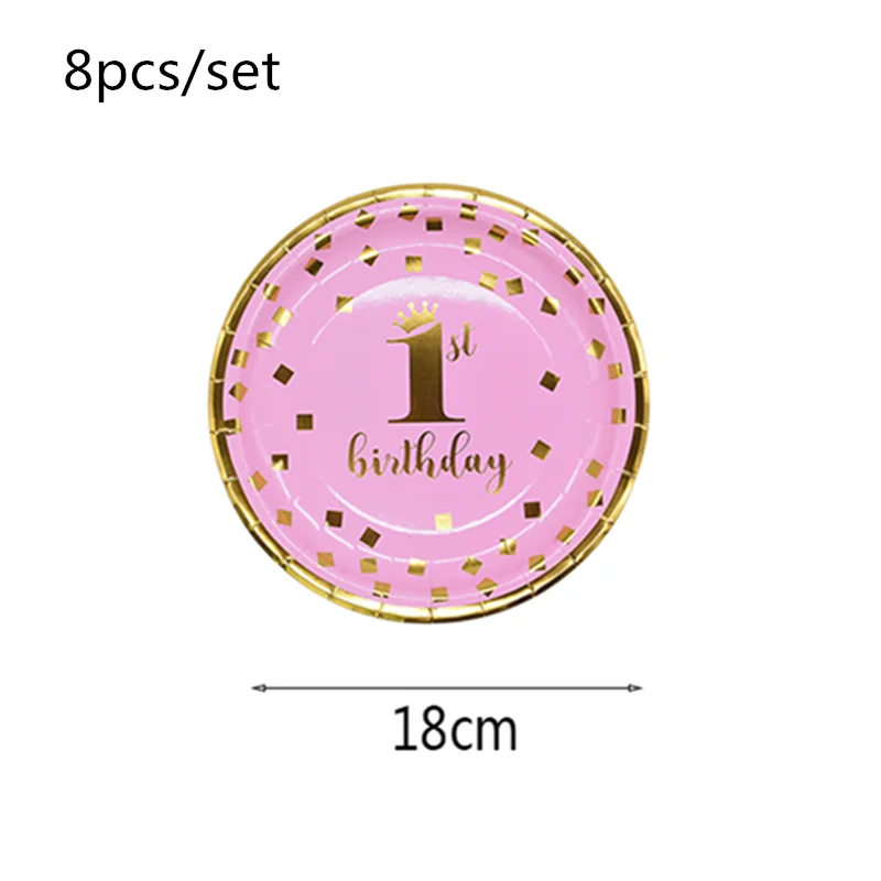 pinkB02 1st Birthday Party Supplies Pink Blue Paper Plates Cups Straws Disposable Tableware Banner Gender Reveal Baby Shower Party Decor - Цвет: pinkB02