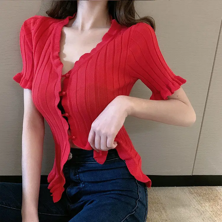 

2020 summer new foreign style age reduction retro slim wooden ear short sleeve knitted cardigan thin coat