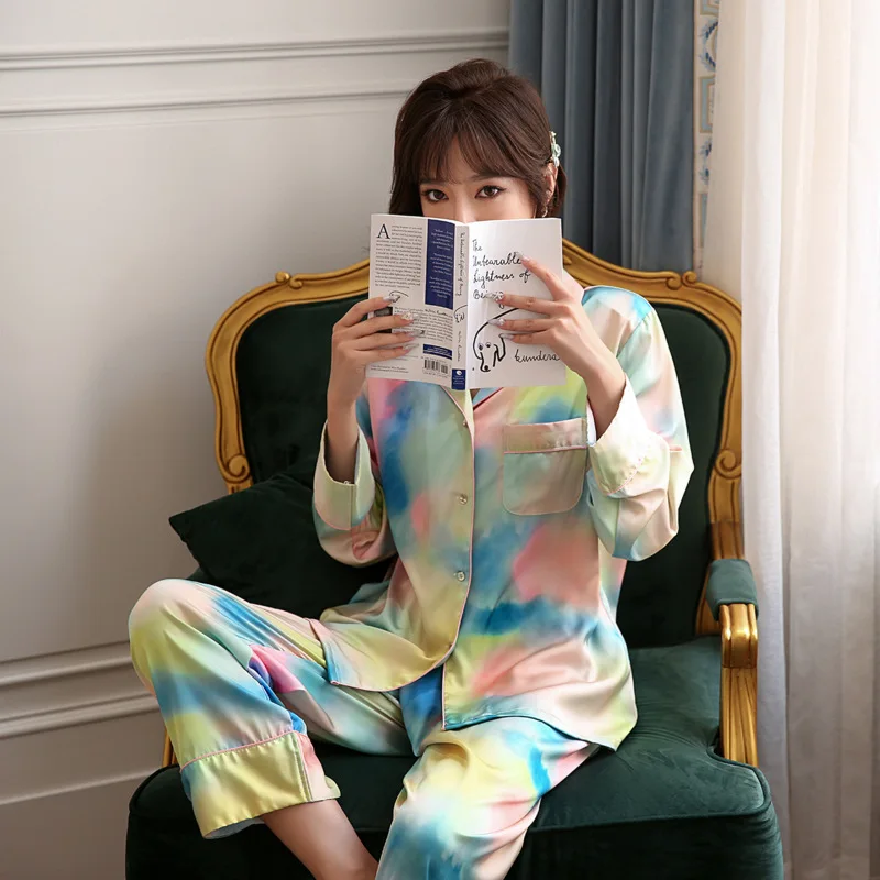 

Женский пижамный комплект из 2 предметов, домашняя одежда с градиентным переходом цветов, Повседневная рубашка с отложным воротником и брюк...