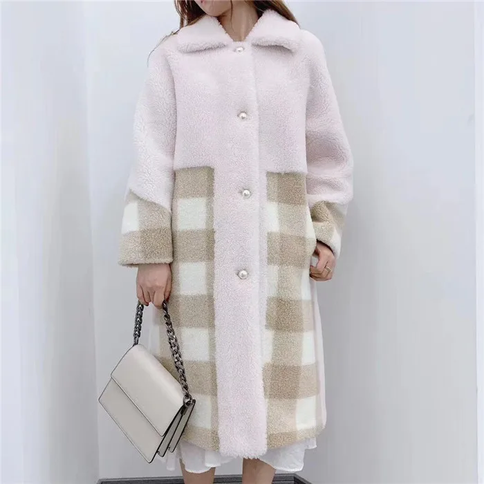 camel plaid 1 Осень Зима для женщин дамы из натуральной овечьей шерсти меховые пальто мода плед стрижки овец Длинные теплые куртки - Цвет: camel plaid 1
