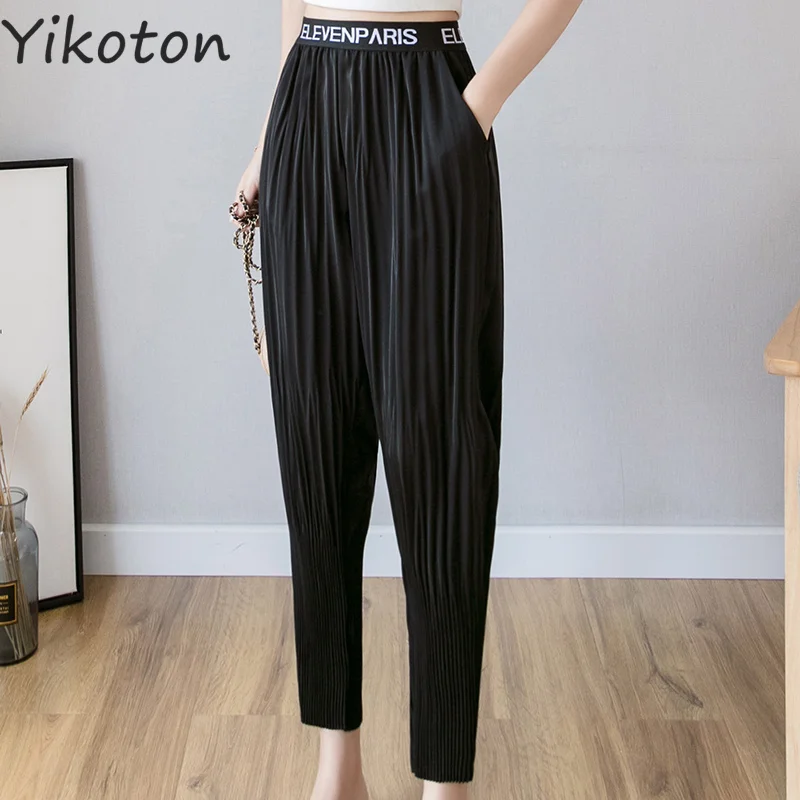 

Korean Style Chic High Elastic Waisted Black Women Pants Summer Trousers Ladies Folds Chiffon Harajuku Vintage Pantalon Femme