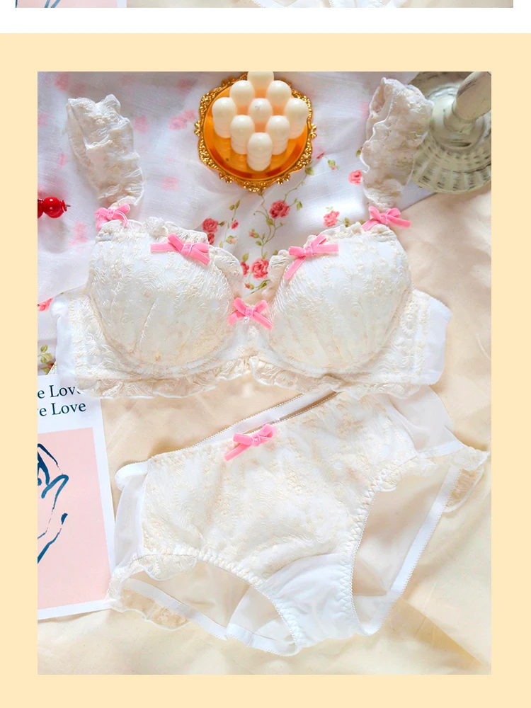 Vintage Cute Lolita Girl Lace Trim Underwear Set Cute Bowknot Ruffle Steel-ringed Push-Ups Lingerie Women's Bra & Brief Set