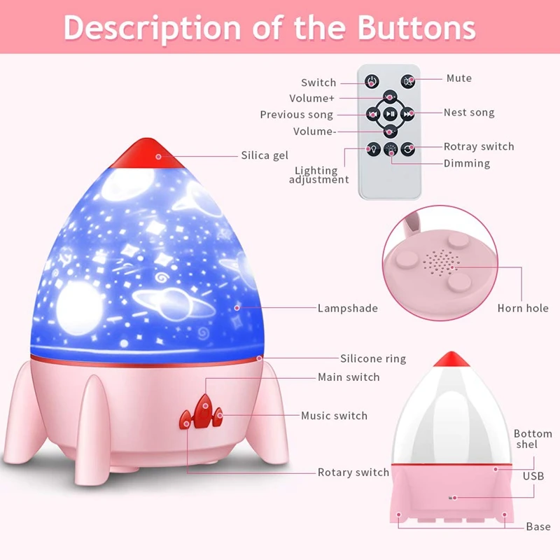 

Children's Bluetooth Music Night Light Projector, 360 Degree Rotating LED Light with Remote Control Sleep Light