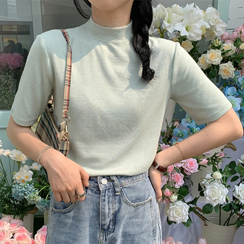 

Chic Women T-Shirt Casual Solid O-Neck Ladies T-Shirt Short-Sleeved Harajuku T-Shirt Summer Korean Tops Female