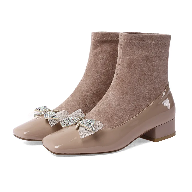 

Korean Version Rhinestone Butterfly Knot Short Boots Fairy Wind Socks Boots Apricot Thick Heel Square Toe Stretch Thin Boots