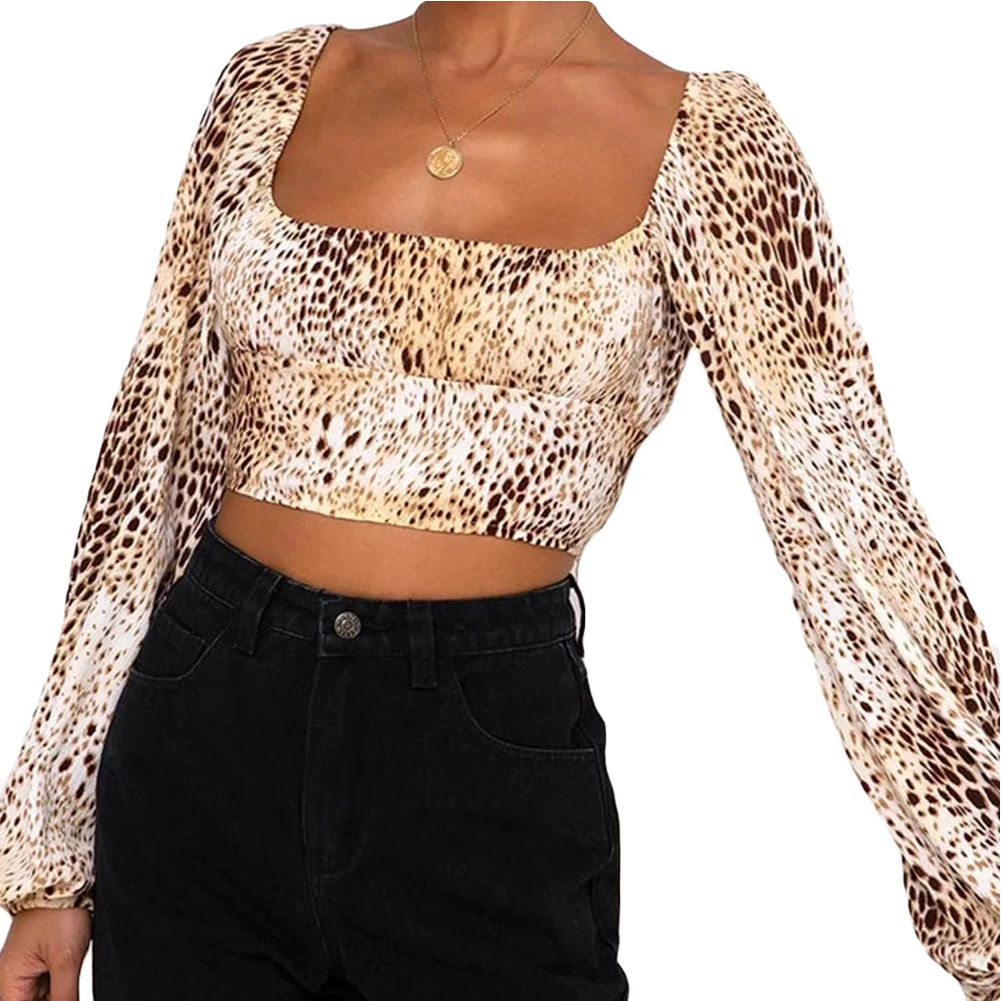 

Women's Cropped Shirt, Leopard Top, Fall Printed Wrapped Elastic Casual Square Neck Long Sleeved Clothes