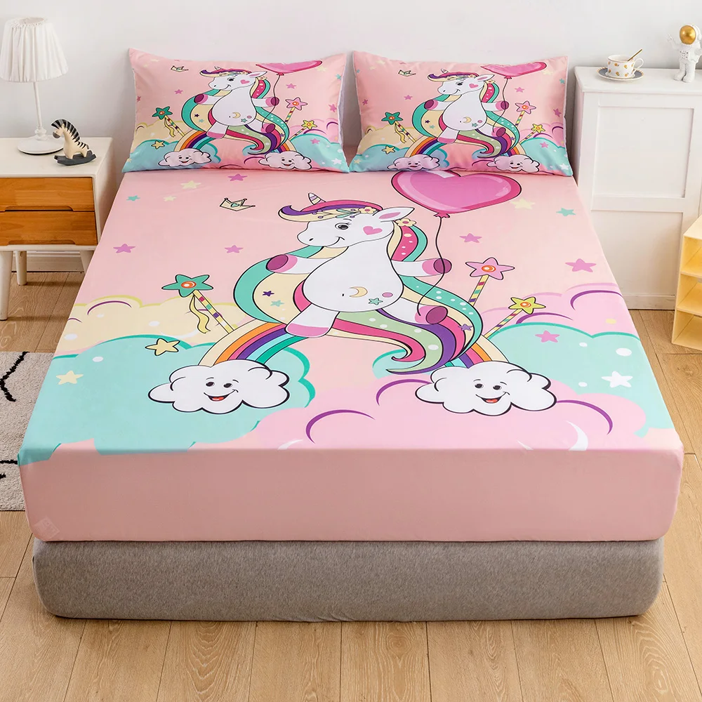 

2/3pcs Unicorn Children's Sheet Set with Pillowcase Kids Girls Fitted Bed Sheet Twin Full 3D Mattress Cover Fitted Sheet Set